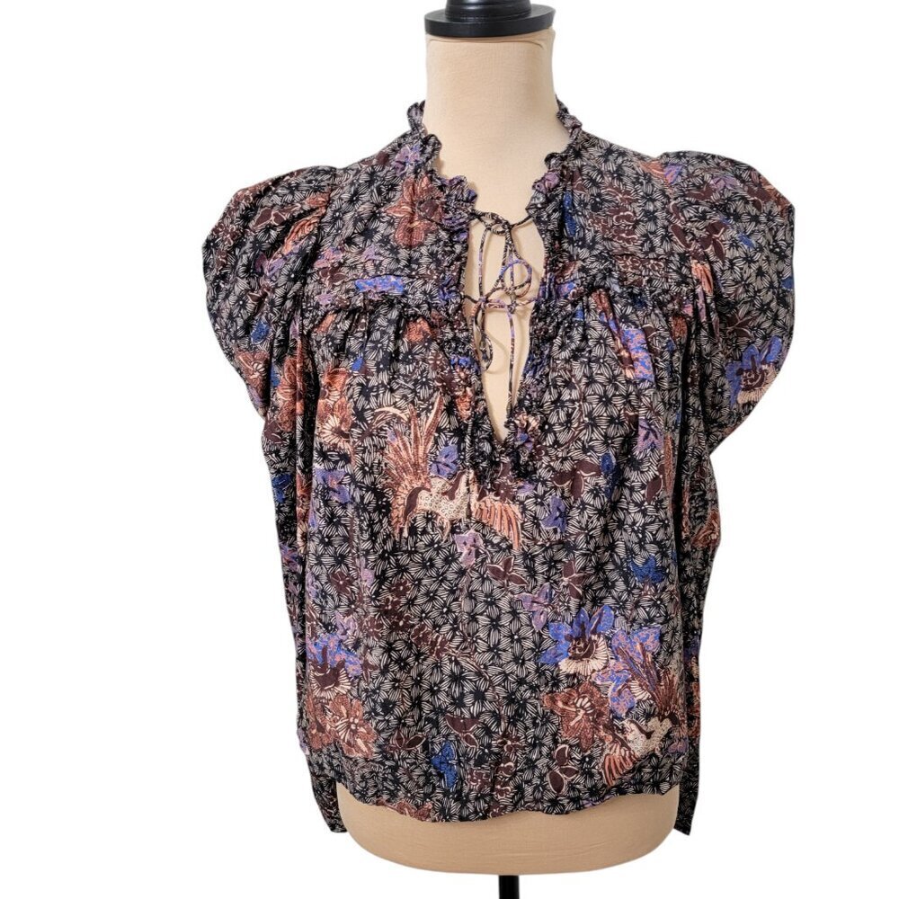 Ulla Johnson Size 0* Remy Puff Sleeve Blouse Tie Front Black Tan Sunburst
